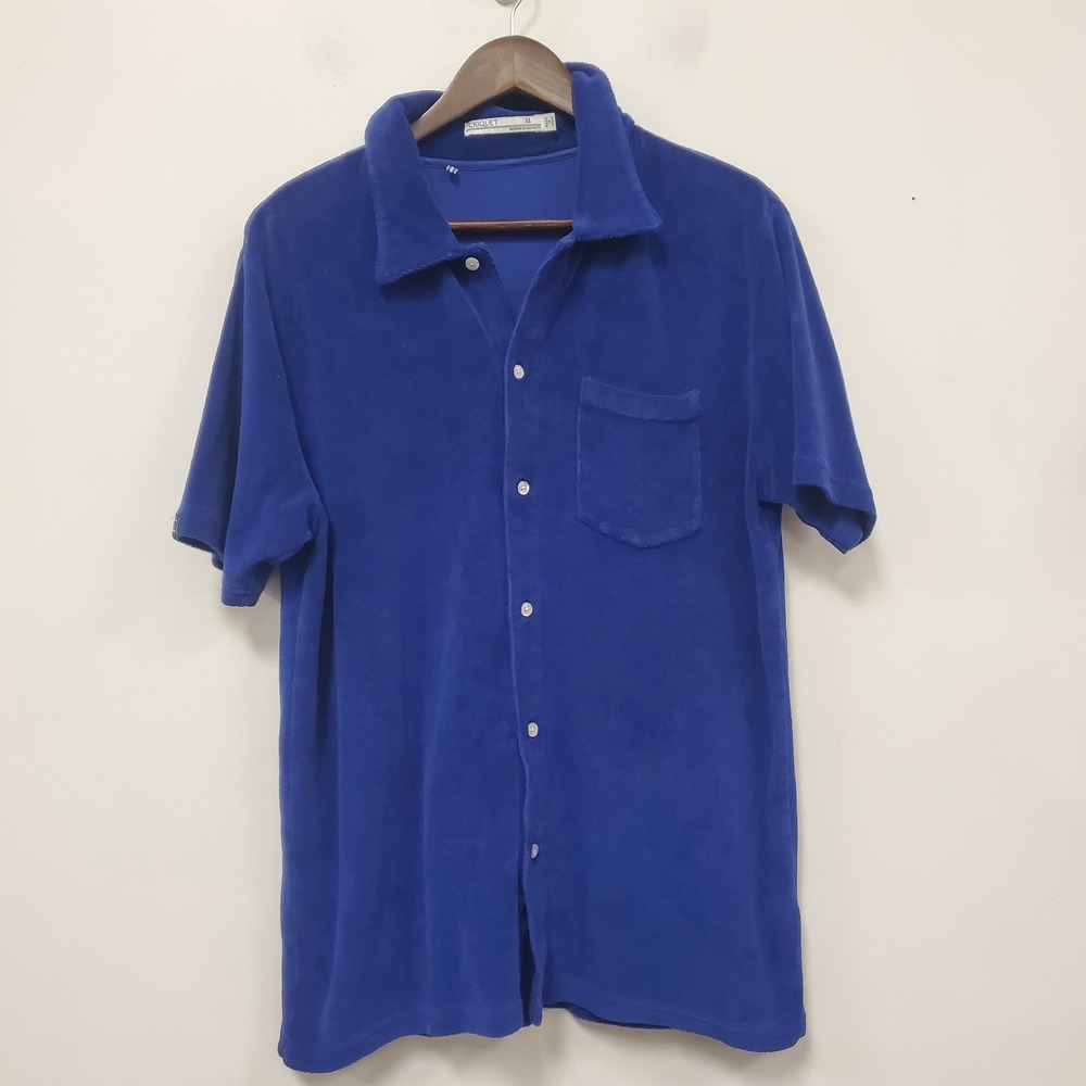 Criquet Mens Terry Cloth Button Up Shirt Size M Blue Short Sleeve Camp Polo